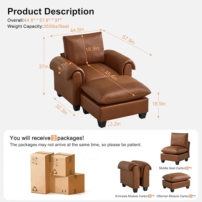 44.5" Faux Leather Oversized Single Sofa with Movable Ottoman, Accent Chair with Curved Armrests, Cloud Modern Sofa Upholstered Reading Lounge Armchair for Living Room, Bedroom，Brown