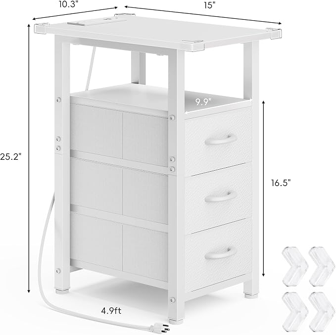 Vagusicc White End Table with Charging Station, Narrow Side Table, Narrow Nightstand with 3 Fabric Drawers, Slim Sofa Side Table for Small Spaces, Small Night Stand for Bedroom, White
