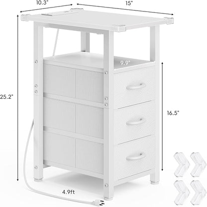 Vagusicc White End Table with Charging Station, Narrow Side Table, Narrow Nightstand with 3 Fabric Drawers, Slim Sofa Side Table for Small Spaces, Small Night Stand for Bedroom, White
