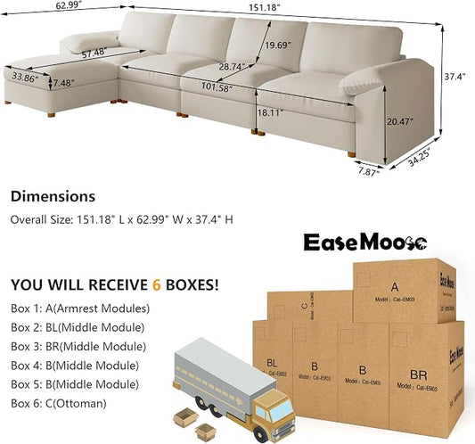 EASE MOOSE Oversized Modular Sectional Sofa,Leather Sectional Couch with Deep Seat,Extra Large L Shaped Couch,Modern Comfy Scratch Resistant Faux Leather Material Sofa,Beige