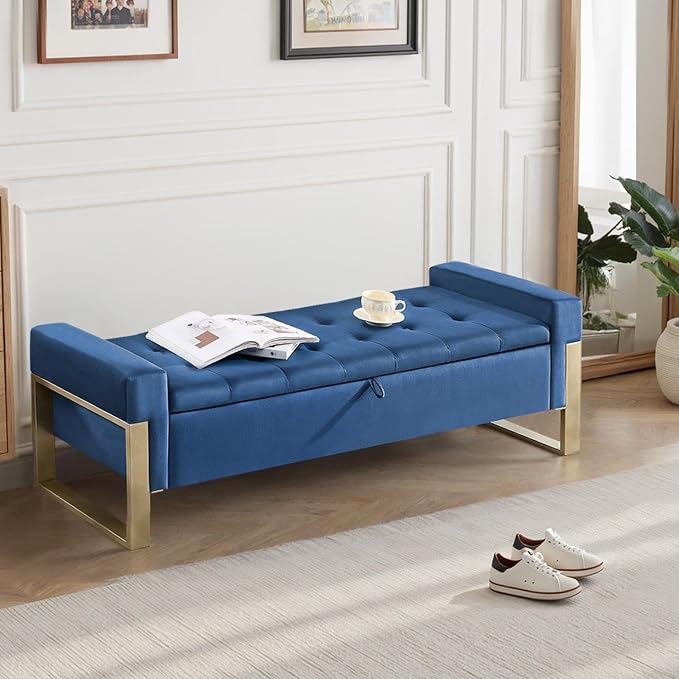 67'' End of Bed Storage Bench King Size, Storage Ottoman Bench for Bedroom, Modern Velvet Bed Benches for Foot of Beds with Gold Legs for Window Living Room Entryway, Dark Blue