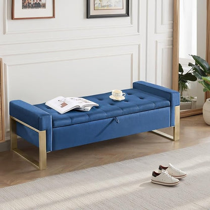 67'' End of Bed Storage Bench King Size, Storage Ottoman Bench for Bedroom, Modern Velvet Bed Benches for Foot of Beds with Gold Legs for Window Living Room Entryway, Dark Blue