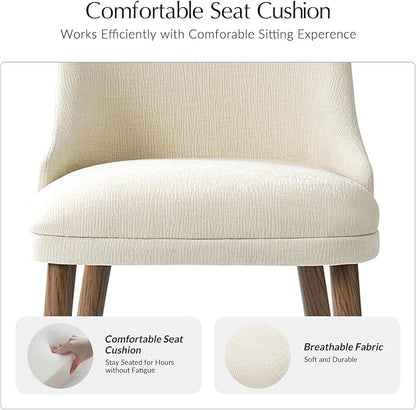Upholstered Dining Chairs Set of 6, Fabric Dining Room Chairs with Curved Backrest, Solid Wood Legs, Modern Kitchen Chairs for Dining Room Living Room, Ivory