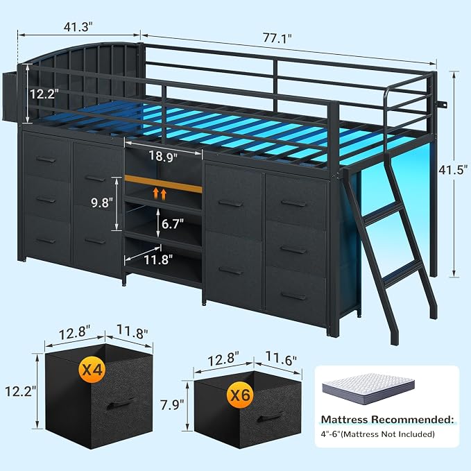 ELYKEN Low Loft Bed Twin Size with 10 Storage Drawers,Twin Loft Bed with Bookcase and LED Lights,Metal Kids Loft Bed with Safety Guardrail,Inclined Ladder & Play Curtain, Under-Bed Play Space, Black