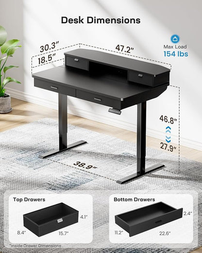 HUANUO 48 x 30 inch Electric Standing Desk with 2 Wood Drawers, Adjustable Height Sit Stand Desk for Home Office, Ergonomic Stand up Desk with 4 Memory Presets, 176 lbs Capacity, Black Top