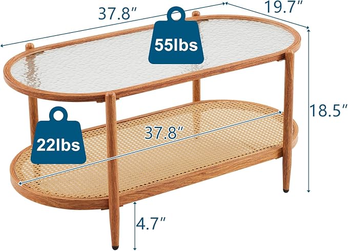 VINGLI 38" Rattan Oval Coffee Table, Water-Wave Glass Metal Center Table, Modern Coffees Table with 2-Tier Storage, Farmhouse Coffe Table for Living Room and Small Space, Natural Vibe