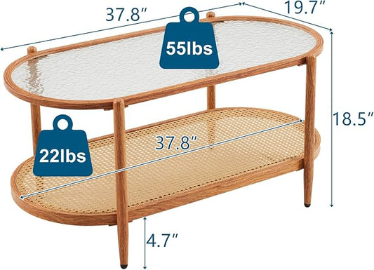VINGLI 38" Rattan Oval Coffee Table, Water-Wave Glass Metal Center Table, Modern Coffees Table with 2-Tier Storage, Farmhouse Coffe Table for Living Room and Small Space, Natural Vibe