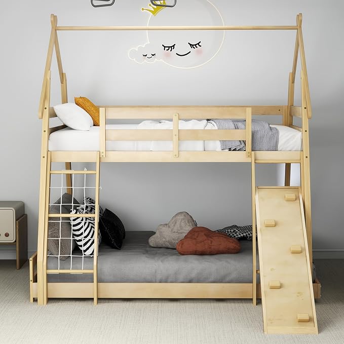 KOTEK Twin Over Queen Bunk Bed, House Bunk Beds with Climbing Nets and Ramp, No Box Spring Needed, Solid Wood Low Bunk Bed Frame for Kids Boys Girls (Natural)