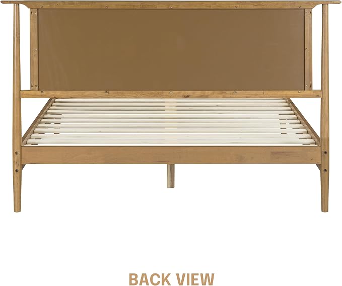 NTC Ruby Wooden Bed Frame with Headboard and Natural Rattan, Solid Oak/Rubber Wood Foundation with Silent Slats, 1000 Lb Capacity, Effortless Assembly Queen - Teak Look