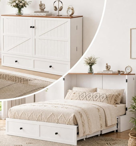 BALUS Queen Size Murphy Bed, 64" W Cabinet Bed with USB Charging Station & Storage Drawer, Queen Cabinet Beds for Living Room, Apartment, Home Office, Bedroom, White-Brown