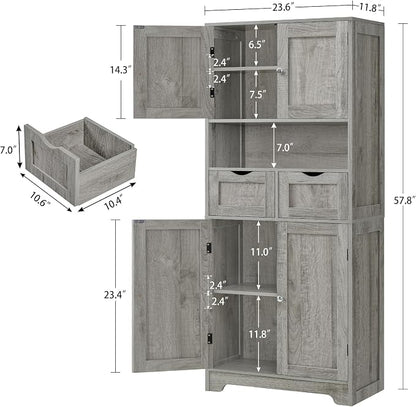 TEENFON 57.8" H Tall Storage Cabinet with 2 Drawers & 2 Adjustable Shelves, Bathroom Storage Cabinet with 4 Doors, Floor Cupboard, for Living Room, Dining Room, Entryway, Woodgrain Gray
