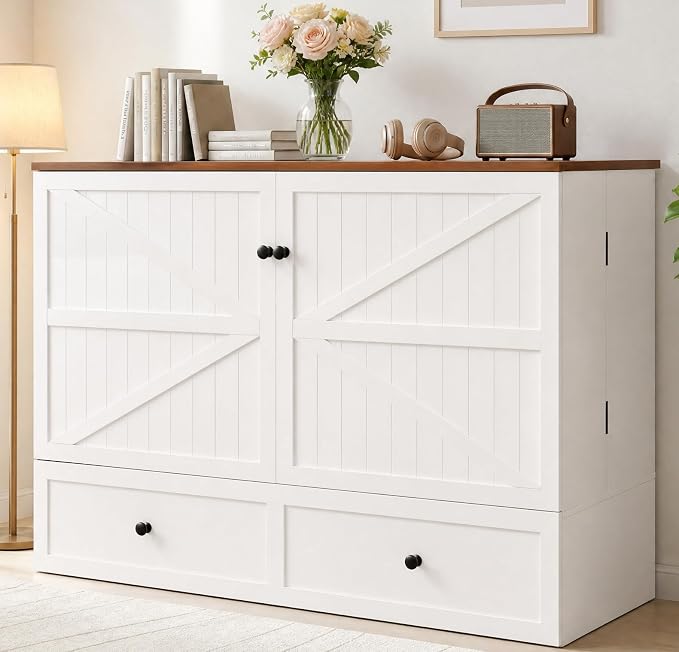 BALUS 57" W Full Size Murphy Bed with Mattress Included, Full Murphy Cabinet Bed with Mattress & Storage Drawer & USB Charging Station, Chest Cabinet Beds for Bedroom Guest Room, White-Brown
