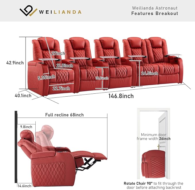 Weilianda Home Theater Seating Top Grain Leather Zero Gravity Recliner Chair Power Headrest Recline Movie Seat Gaming 7 Colors Mood Light Sofa with Tray Table USB Charge Row of 5 Loveseat Right Red