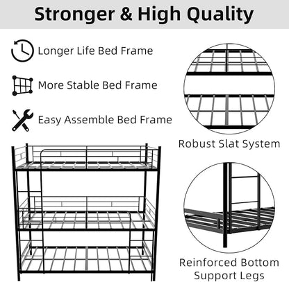 Triple Bunk Bed, Twin Over Twin Heavy Duty Metal 3 Bunk Beds with Safety Guardrails and Dual Ladders, Metal Bunk Bed for 3, Convertible to 3 Beds for Teens & Adults, Black | triple bunk beds