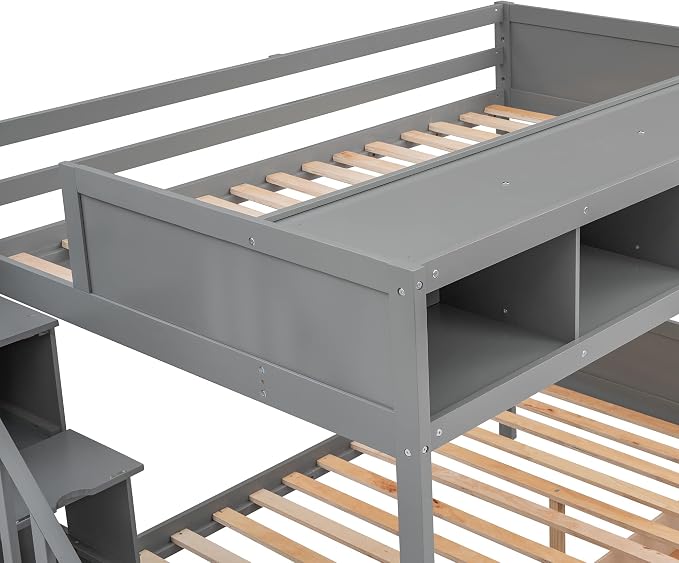 MERITLINE Twin Over Full Bunk Bed with Stairs, Storage Shelves and Drawers, Solid Wood Bunk Bed Frame with Storage, for Teens Adults (Grey)