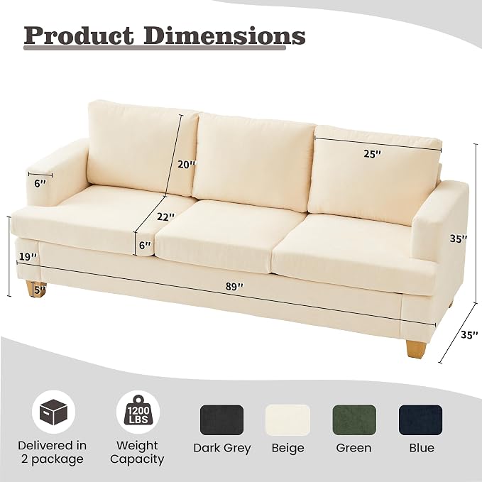 Apicizon 89" 3 Seater Modern Sofa, Chenille Couch for Living Room, Comfy Couch Sofa with Removerable Cushion for Office Bedroom, White