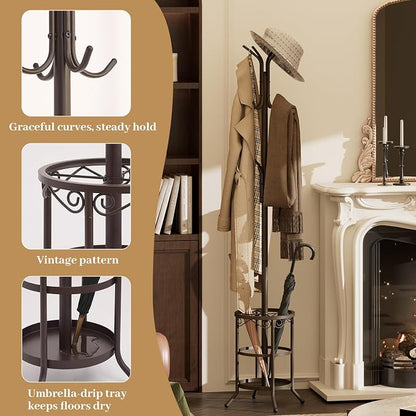 Coat Rack Freestanding With Umbrella Holder – Metal Hall Tree with 12 Hooks, Entryway Organizer for Hats, Bags, and Clothes (Brown)