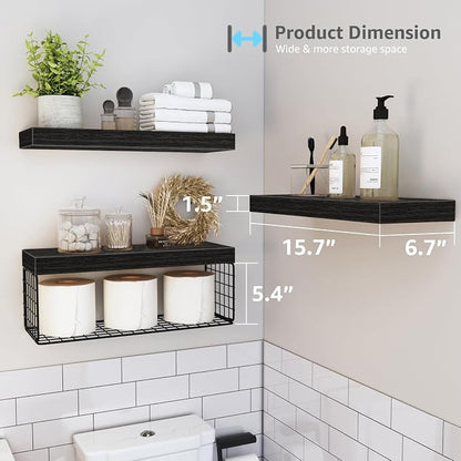 QEEIG Bathroom Shelves Over Toilet - Wall Mounted Floating Shelves Toilet Paper Storage Small Farmhouse Decor Shelf 16 inch Set of 3, Black (019-B3)