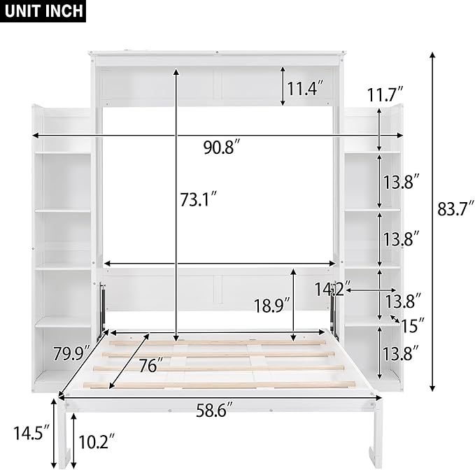 MERITLINE Full Murphy Bed Kit with Storage 8 Shelves and LED Lights, Wood Murphy Bed Cabinet Murphy Bed in a Cabinet White Murphy Wall Bed Units Full Size, LP00069
