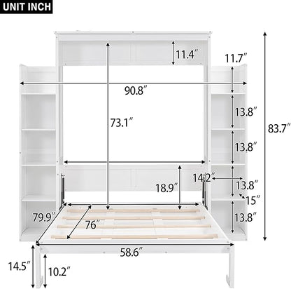 Ball & Cast Full Size Murphy Bed Wall Bed with Shelves and LED Lights,can be Folded,Hideaway Cabinet Frame W/ 2 Five-Layer Cabinets,Slat Support,No Box Spring Needed,for Apartment,Bedroom,White