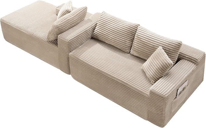 105-Inch L-Shaped Left Facing Corner Compressed Sofa Modular Sectional Boneless Cloud Sofa Floor Foam Couch with Chaise Lounge, Corduroy Corner Boneless Cloud Couch