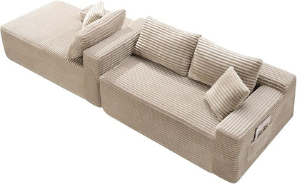 105-Inch L-Shaped Left Facing Corner Compressed Sofa Modular Sectional Boneless Cloud Sofa Floor Foam Couch with Chaise Lounge, Corduroy Corner Boneless Cloud Couch