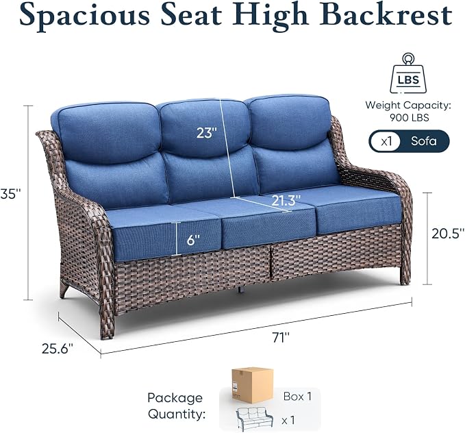 Belord Luxury 6" Thick Cushioned PE Wicker 3-Seater Outdoor Couch, All-Weather Comfortable Modern Patio Sofa, High Back Deep Seat Woven Outdoor Furniture for Porch Balcony, Lawn, Deck - BrownBlue