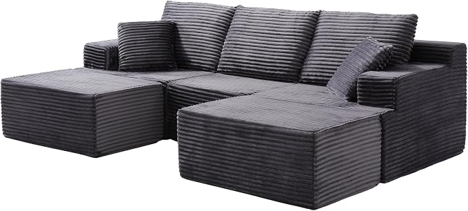 103" Boneless Modular Sectional Sofa Cloud Couch with Ottomans and Pillows, Convertible L/U Shaped Corner Sofa, Full Foam Deep Seat Compressed Couch for Living Room, Apartment