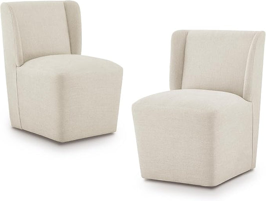 KISLOT Upholstered Dining Chairs Set of 2 with Casters, Wingback Modern Side Armless Deskchair with Rollers for Diningroom Bedroom Livingroom Reading Room, Cream Beige Fabric