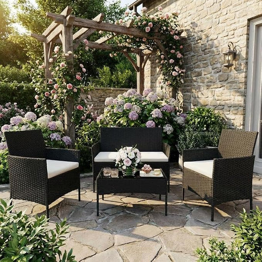 4PCS Outdoor Patio Bistro Set, PE Rattan Wicker Armchairs, Black/Beige