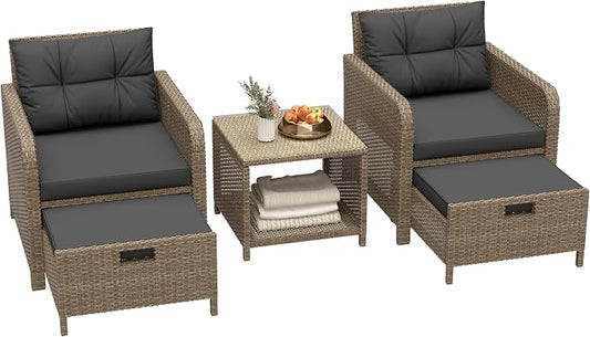 LHBcraft 5 Piece Outdoor Furniture Set, PE Rattan Balcony Furniture with Soft Cushions, Patio Set 2 Ottoman & Table for Porch, Lawn, Garden, Black