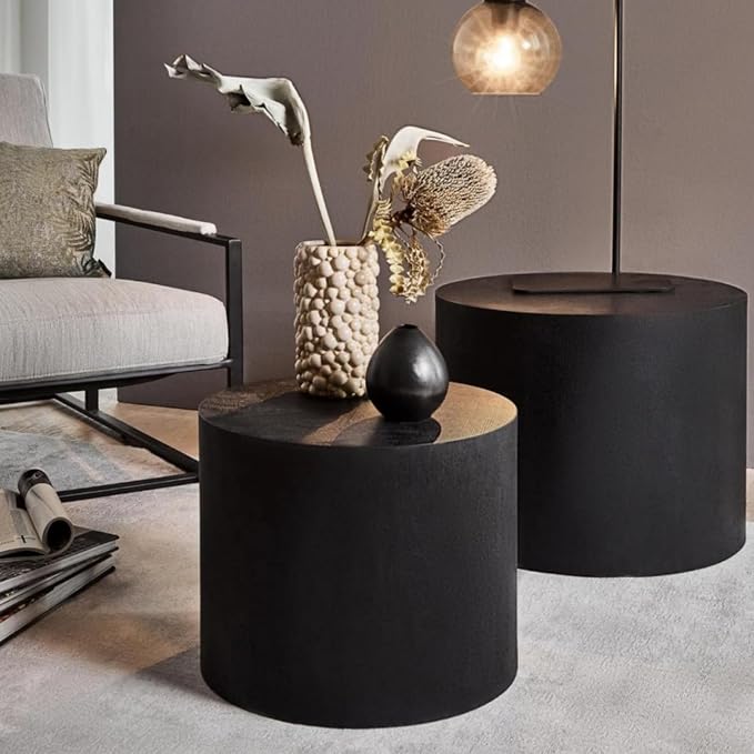 Nesting Coffee Table Set of 2, Wood Round Coffee Table, Modern Coffee Table for Small Space Living Room, Black
