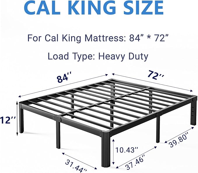 12 Inch High Platform California King Bed Frames No Box Spring Needed, Metal Cal King Bed Frame, Noise Free, Easy Assembly, Heavy Duty, Black