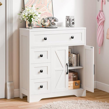 Vabches Farmhouse Storage Cabinet with 2 Doors and 4 Drawers, Freestanding Bathroom Storage Cabinet Kitchen Pantry, Floor Hutch Cupboard for Living Room/Bathroom/Kitchen,(Unique White)