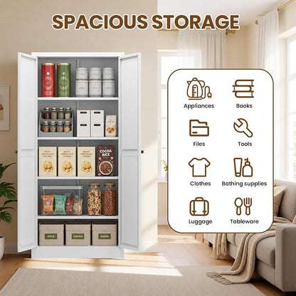 Metal Storage Cabinet, 61" Tall Kitchen Pantry Cabinet with 2 Doors and 4 Adjustable Shelves, White Steel Storage Cupboard for Dining, Office, Living Room, Bathroom