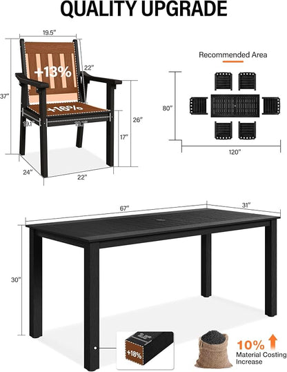 YEFU HIPS Patio Table Set: 7 Piece Outdoor Table and Chairs Patio Furniture Set with Umbrella Hole - Black Modern Plastic Dining Sets 6 Person for Outside Deck with Metal Aluminum Frame