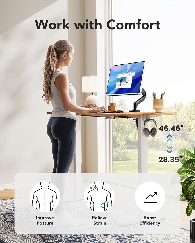 HUANUO Electric Standing Desk, Whole Piece Desktop, Adjustable Height Computer Desk, 4 Height Memory Settings, Sit Stand Up Desks for Home Office, 60" x 24", Light Vintage