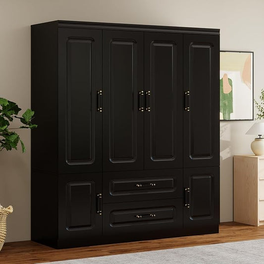 4-Door Modern Bedroom Armoire Wardrobe Closet with 2 Drawers & Hanging Rod, Smooth Black Storage Cabinet for Clothes/Shoes/Blankets 61.42" W x 20.67" D x 70.87" H (69)