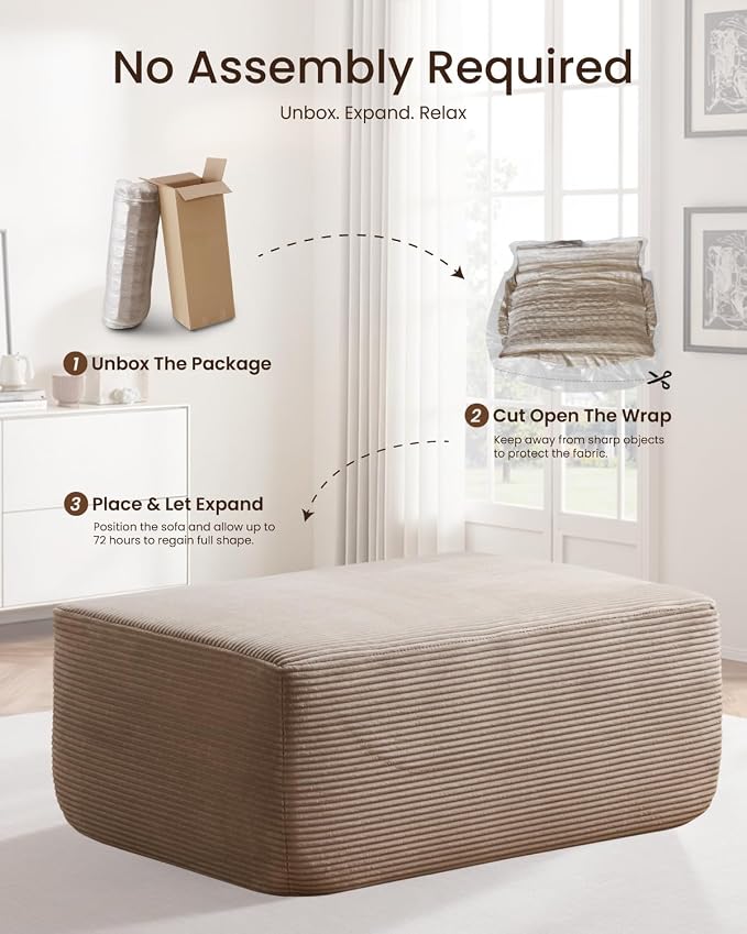 37" Plush Boneless Ottoman, Upholstered Cloud Footrest for Boneless Couch in a Box,Oversize Poufs for Living Room & Bedroom Sofa Ottoman,Comfy Seating with Dense Foam, Camel (Corduroy Fabric)