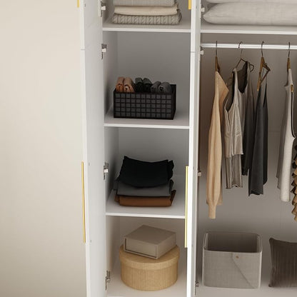 Wardrobe Closet with Mirror, 3 Door Wardrobe with Hanging Rod, 4 Drawers, Shelves, Modern Bedroom Armoire with Gold Handles, White Clothes Cabinet, 20.5”D x 47”W x 86.7”H