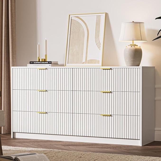 MAISONARIA 3-Piece Dresser Bedroom Set, 6 Drawer Dresser & 2 Drawer Nightstands with Gold Handles, Fluted Wood Chest of Drawers for Bedroom, Living Room, Entryway, White