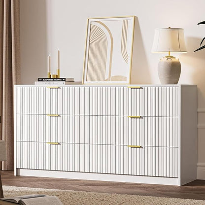 MAISONARIA 3-Piece Dresser Bedroom Set, 6 Drawer Dresser & 2 Drawer Nightstands with Gold Handles, Fluted Wood Chest of Drawers for Bedroom, Living Room, Entryway, White