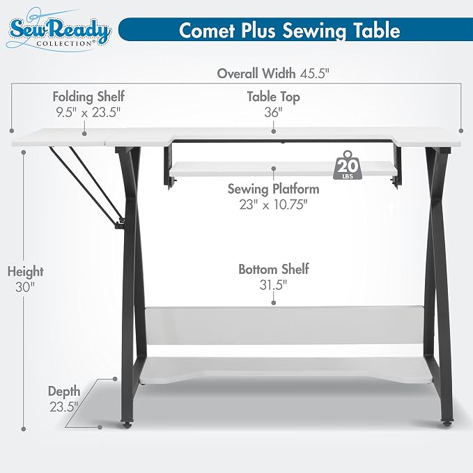 Sew Ready Comet Plus Hobby and Sewing Table with Lower Shelf, Black/White