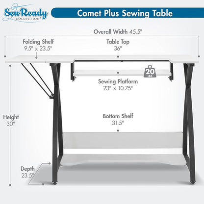 Sew Ready Comet Plus Hobby and Sewing Table with Lower Shelf, Black/White