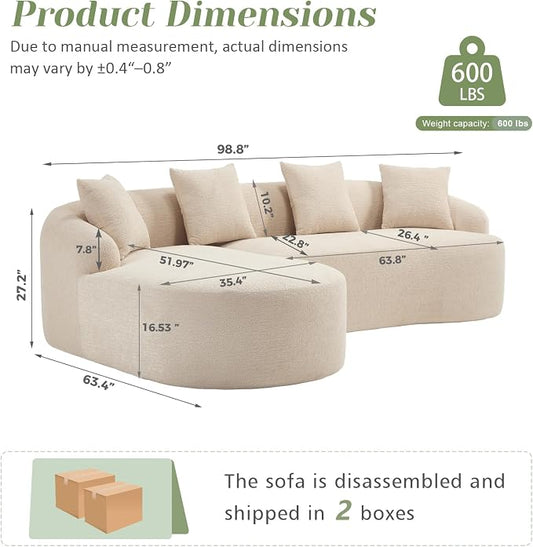 99" Curved Sofa with L-Shape Chaise,Modern Cloud Curved Couch with Deep Seat,No Assembly Required,Upholstered Oversized Couches for Living Room,Apartment (Beige, 99Inch)