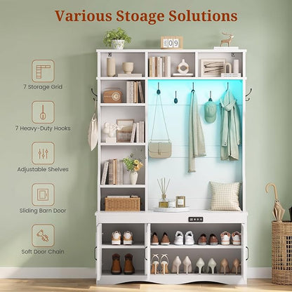 UPOSOJA Hall Tree with Deodorizing, Entryway Bench Shoe Storage, Coat Racks, Led Lights, 7 Coat Hooks, 7 Storage Cubbies, Adjustable Shelf (White)