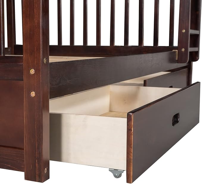 Merax Full-Over-Full Bunk Bed with Two Storage Drawers, Solid Wood Full Size Bunk Bed with Guardrail and Removable Ladder, Can be Converted Into 2 Separate Beds, Espresso