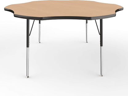 FDP Flower Activity School and Office Table (60 inch), Standard Legs with Swivel Glides for Collaborative Seating Environments, Adjustable Height 19-30 inches - Maple Top and Black Edge