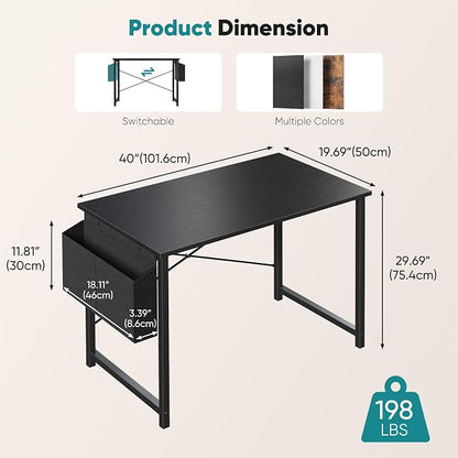 OLIXIS Small Computer Desk, 40 Inch Home Office Desks, Writing Study Craft Work Gaming Table, Computer Workstation for Bedroom Small Spaces with Storage Bag, Black