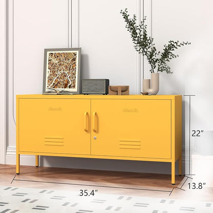 Wide Lockable Metal TV Stand with Accent Cabinet Locker, Heavy Duty Entertainment Center for Bedroom, Adjustable Shelves & 2 Doors, Multifunctional Storage Cabinet for Home 22"H X 35.4"W X 13.8"D
